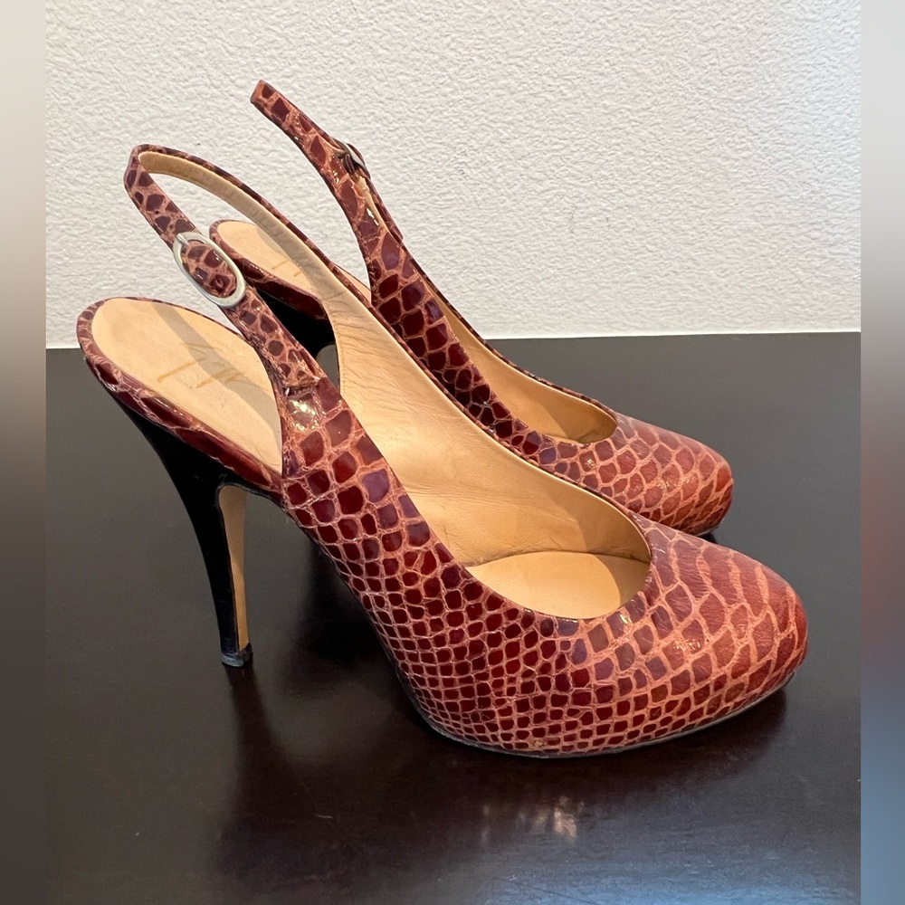 Giuseppe Zanotti Brown Leather Snake Reptile Platform Slingback High Heels 37